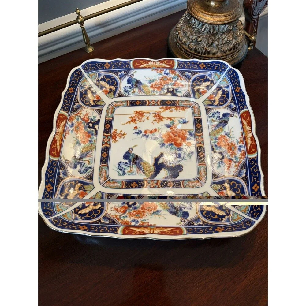 Vintage Japanese Imari Porcelain Platter Square Scalloped Tray Peacock Flowers